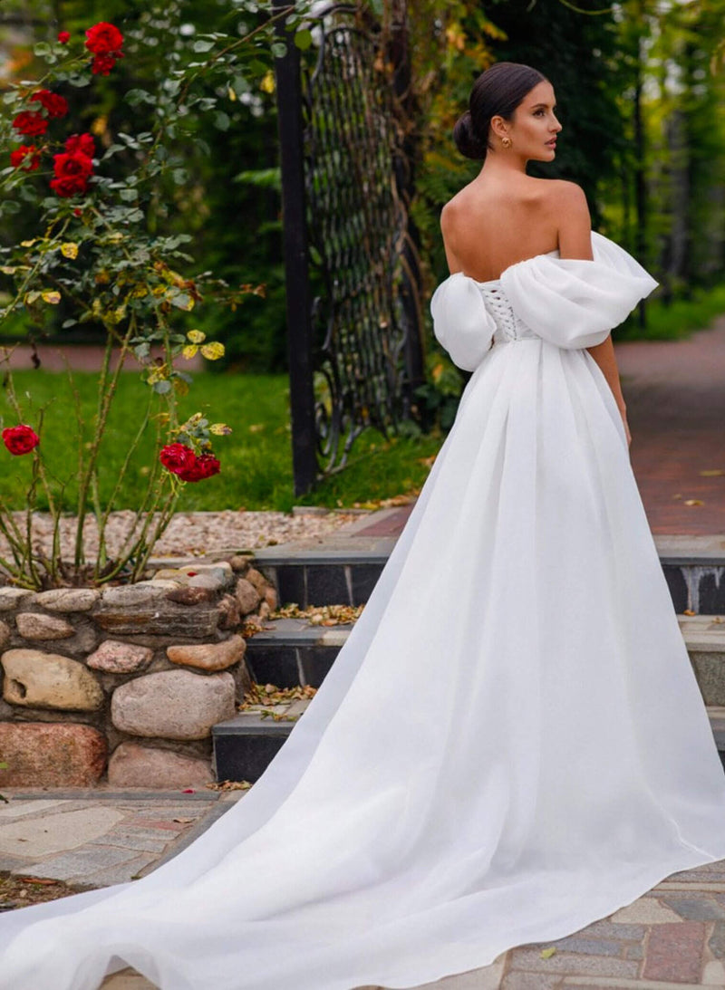 Romantic Organza Off-The-Shoulder Boho Garden Wedding Dresses-Dbrbridal