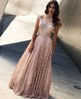 Rose Gold Sequins Evening Dresses Off-the-Shoulder Chic Formal Dresses-Dbrbridal