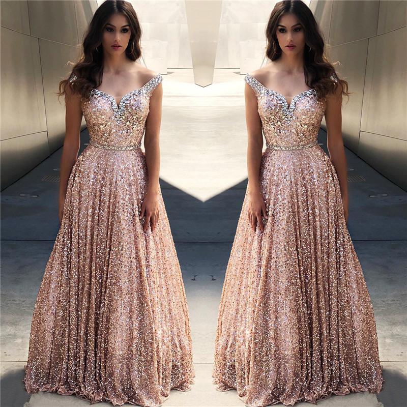 Rose Gold Sequins Evening Dresses Off-the-Shoulder Chic Formal Dresses-Dbrbridal