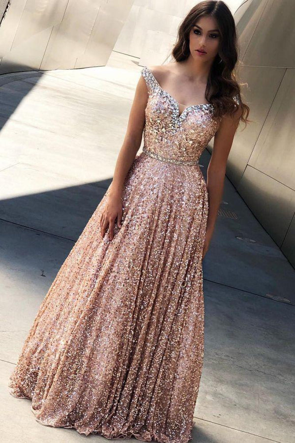 Rose Gold Sequins Evening Dresses Off-the-Shoulder Chic Formal Dresses-Dbrbridal