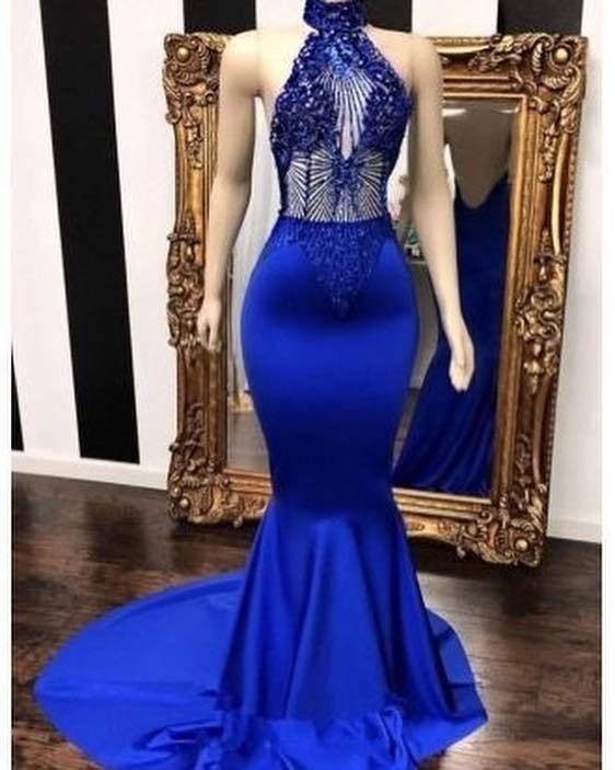 Royal Blue Halter Sleeveless Lace Beading Mermaid Long Prom Dresses-Dbrbridal