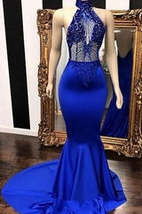 Royal Blue Halter Sleeveless Lace Beading Mermaid Long Prom Dresses-Dbrbridal