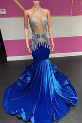 Royal Blue Halter Sleeveless Mermaid Prom Dresses With Beadings Velvet-Dbrbridal