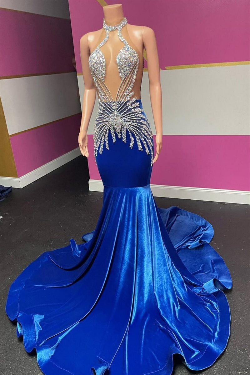 Royal Blue Halter Sleeveless Mermaid Prom Dresses With Beadings Velvet-Dbrbridal