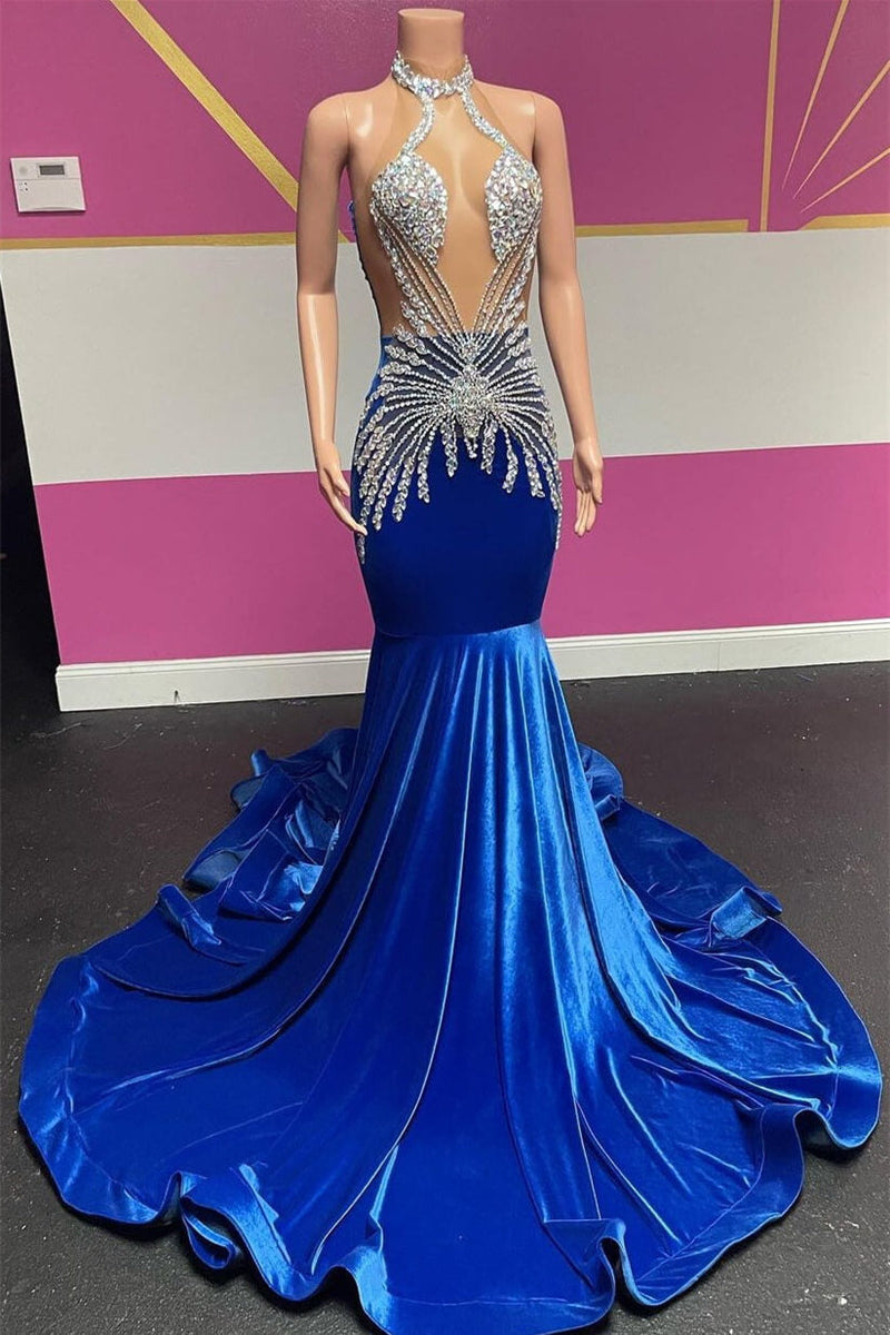 Royal Blue Halter Sleeveless Mermaid Prom Dresses With Beadings Velvet-Dbrbridal