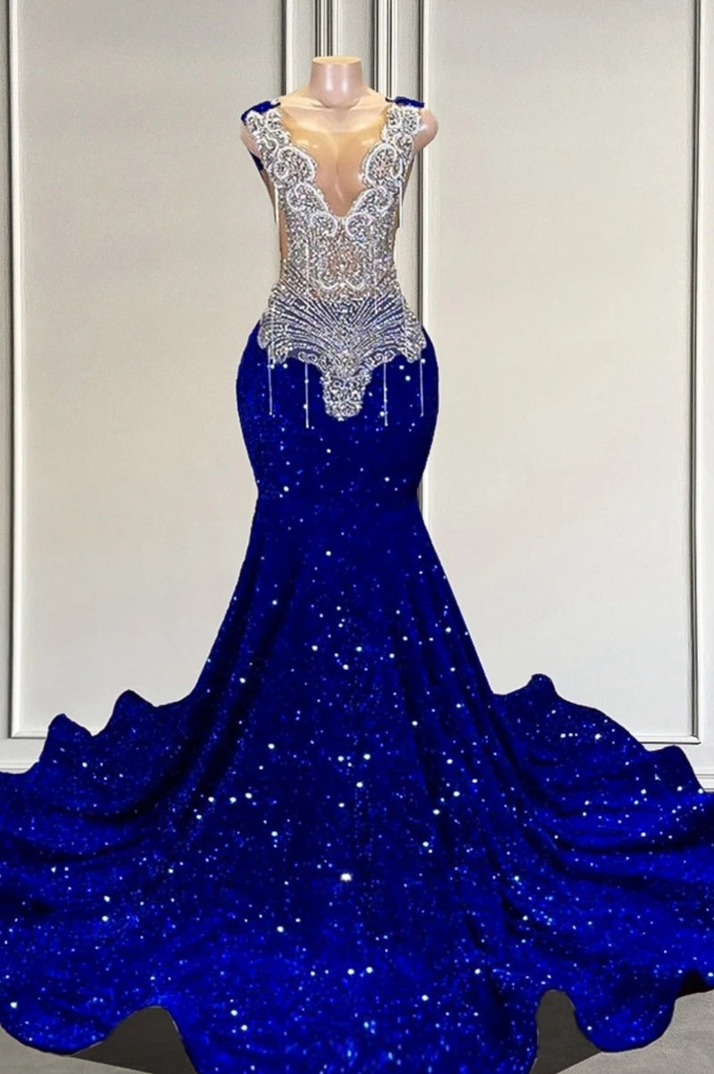 Royal Blue sequin Silver Beaded Mermaid Long V-neck Prom Dresses-Dbrbridal