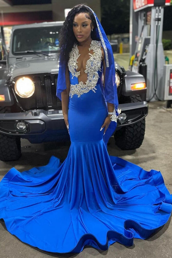 Royal Blue V-Neck Mermaid Prom Dresses With Beadings-Dbrbridal