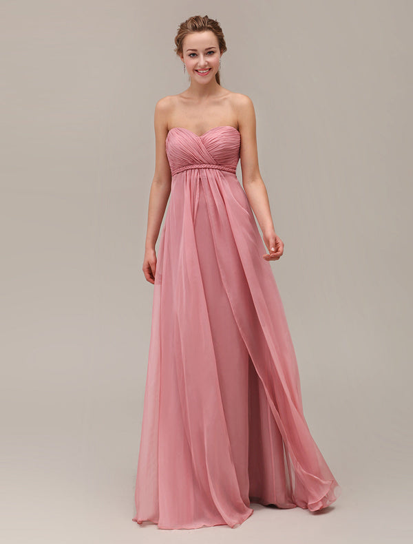 Salmon Sweetheart Pleated Floor Length Chiffon Bridesmaid Dress-Dbrbridal