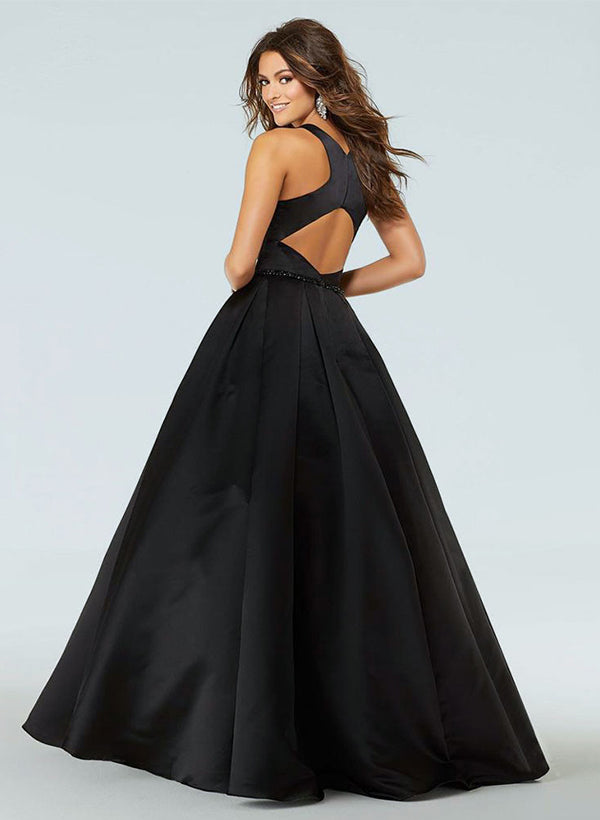 Sash Black Ball-Gown Scoop Neck Satin Wedding Dresses-Dbrbridal