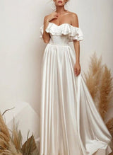 Satin Chic A-line Wedding Dress Off-The-Shoulder Style Sweep Train-Dbrbridal