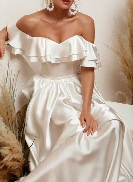 Satin Chic A-line Wedding Dress Off-The-Shoulder Style Sweep Train-Dbrbridal