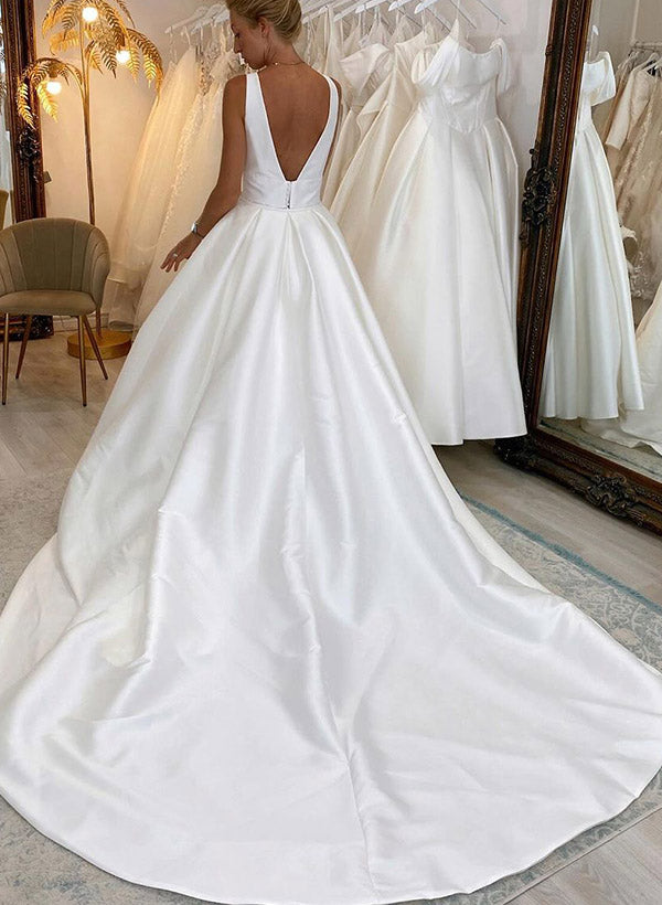 Satin Chic A-line Wedding Dress V-Neck Sleeveless Design Sweep Train High Split-Dbrbridal