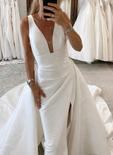 Satin Chic A-line Wedding Dress V-Neck Sleeveless Design Sweep Train High Split-Dbrbridal