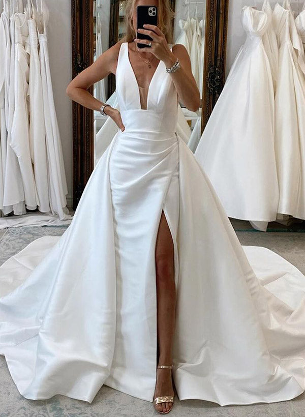 Satin Chic A-line Wedding Dress V-Neck Sleeveless Design Sweep Train High Split-Dbrbridal