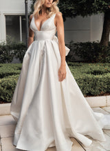 Satin Chic A-line Wedding Dress V-Neck Slit Bow-Dbrbridal