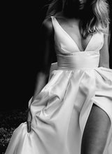 Satin Chic A-line Wedding Dress V-Neck Slit Bow-Dbrbridal