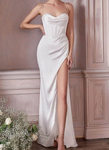 Satin Floor-Length Wedding Dress Sheath Fitted Style Cowl Neck Sleeveless-Dbrbridal