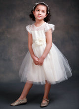 Satin Flower Girl'S Dress Ball Gown Illusion Neck Short Sleeves Girl'S Princess Formal Dress-Dbrbridal