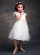 Satin Flower Girl'S Dress Ball Gown Illusion Neck Short Sleeves Girl'S Princess Formal Dress-Dbrbridal