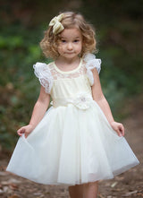 Satin Flower Girl'S Dress Ball Gown Illusion Neck Short Sleeves Girl'S Princess Formal Dress-Dbrbridal