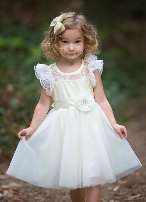 Satin Flower Girl'S Dress Ball Gown Illusion Neck Short Sleeves Girl'S Princess Formal Dress-Dbrbridal