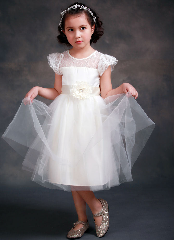 Satin Flower Girl'S Dress Ball Gown Illusion Neck Short Sleeves Girl'S Princess Formal Dress-Dbrbridal