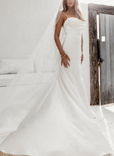 Satin Mermaid Fitted Wedding Dress Lace Sleeveless Cowl Neck Sweep Train-Dbrbridal