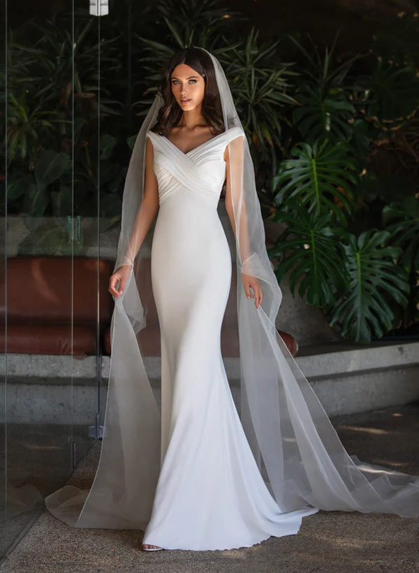 Satin Mermaid Fitted Wedding Dress V-neck Sleeveless Design Sweep Train-Dbrbridal