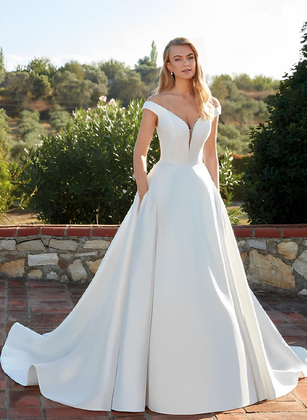 Satin Off-the-Shoulder Ball-Gown Boho Garden Wedding Dresses-Dbrbridal