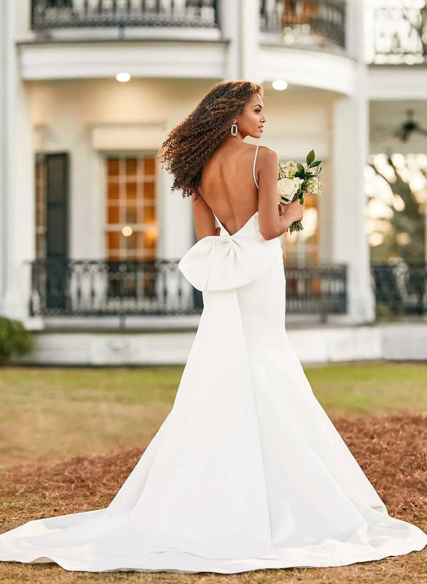 Satin Open Back Wedding Dresses Bow-Dbrbridal