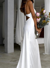 Satin Ruched Spaghetti Straps Sweep Train Sleeveless Wedding Dresses-Dbrbridal