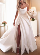 Satin Sweep Train Wedding Dresses Split Front-Dbrbridal