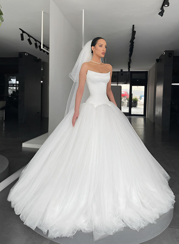 Satin Tulle Wedding Dresses Ball-Gown Style Sleeveless Sweep Train-Dbrbridal