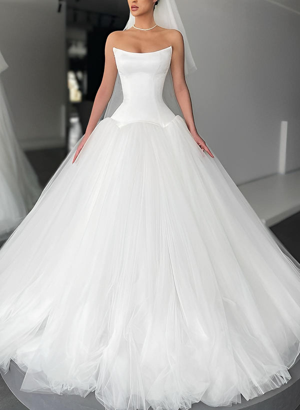 Satin Tulle Wedding Dresses Ball-Gown Style Sleeveless Sweep Train-Dbrbridal