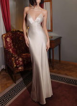 Satin V-Neck Wedding Dresses Spaghetti Straps Open Back-Dbrbridal