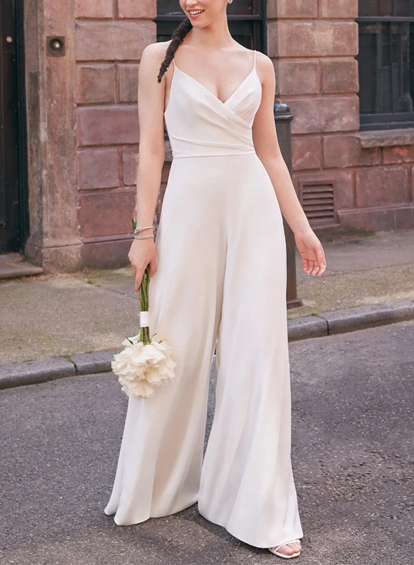 Satin V-neck Wedding Jumpsuit Dresses Bows Pockets-Dbrbridal