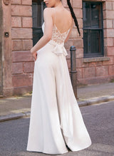 Satin V-neck Wedding Jumpsuit Dresses Bows Pockets-Dbrbridal