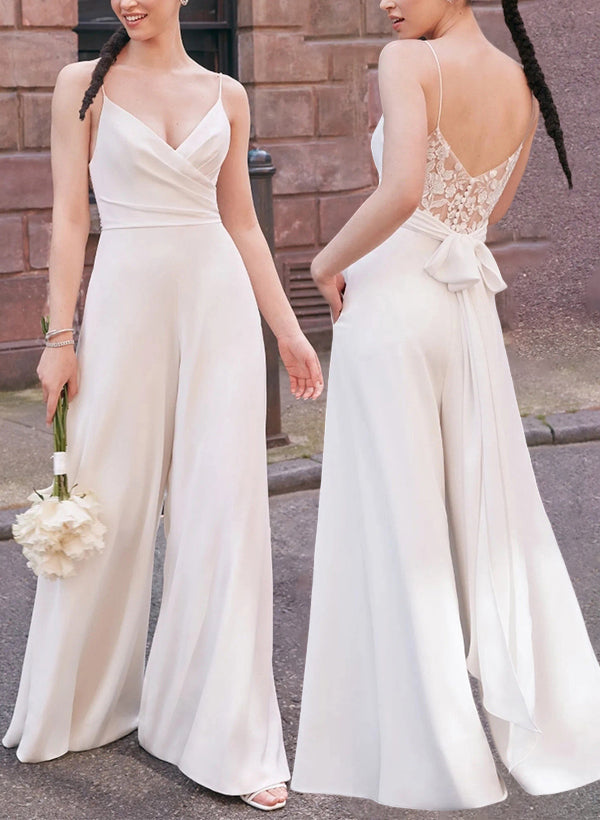 Satin V-neck Wedding Jumpsuit Dresses Bows Pockets-Dbrbridal