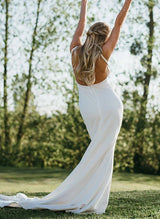 Satin Wedding Dress Open Back V-Neck Sleeveless Sheath Fitted-Dbrbridal