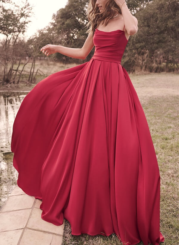 Satin Wedding Dress Red Ball-Gown Square Neckline Sleeveless Sweep Train-Dbrbridal