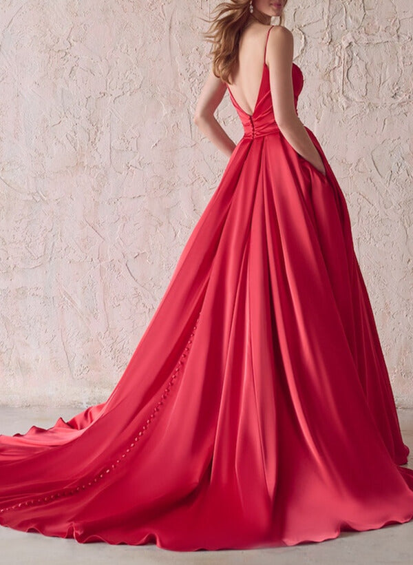 Satin Wedding Dress Red Ball-Gown Square Neckline Sleeveless Sweep Train-Dbrbridal