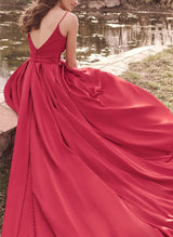 Satin Wedding Dress Red Ball-Gown Square Neckline Sleeveless Sweep Train-Dbrbridal