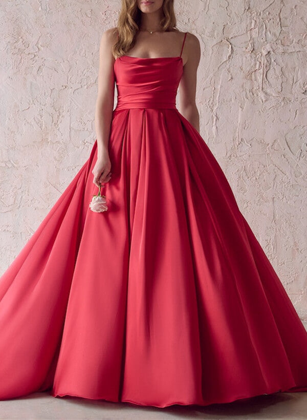 Satin Wedding Dress Red Ball-Gown Square Neckline Sleeveless Sweep Train-Dbrbridal