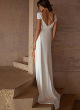 Satin Wedding Dress Split Front Sleeveless Cowl Neck Sheath Sweep Train-Dbrbridal