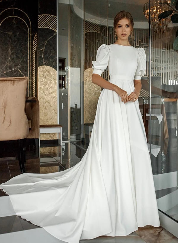 Satin Wedding Dresses Chic A-line Scoop Neck Half Sleeves Sweep Train-Dbrbridal