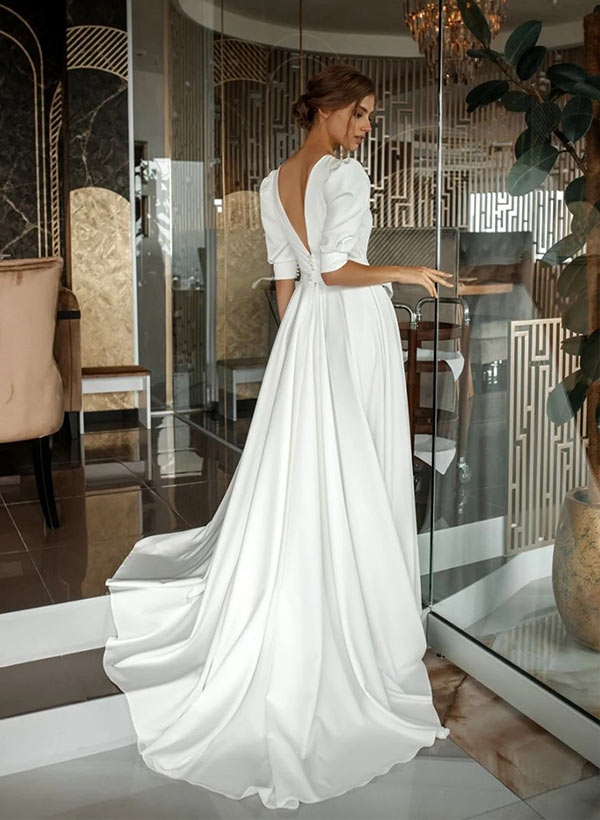 Satin Wedding Dresses Chic A-line Scoop Neck Half Sleeves Sweep Train-Dbrbridal