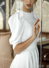 Satin Wedding Dresses Chic A-line Scoop Neck Half Sleeves Sweep Train-Dbrbridal