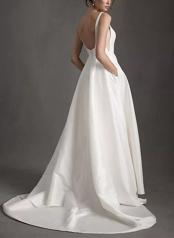 Satin Wedding Dresses Chic A-line Square Neckline Sleeveless Sweep Train-Dbrbridal