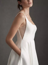 Satin Wedding Dresses Chic A-line Square Neckline Sleeveless Sweep Train-Dbrbridal