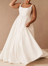 Satin Wedding Dresses Chic A-line Square Neckline Sleeveless Sweep Train-Dbrbridal